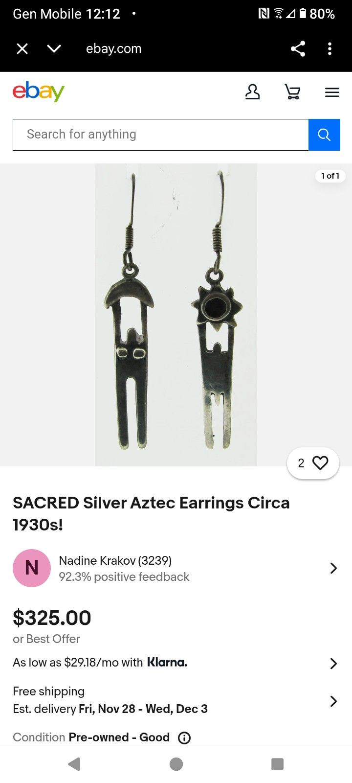 Sacred Silver Aztec Earrings Circa 1930S En Perfectas Condiciones Limpios No Estan Dañados