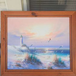 28"X23.5"Vintage Signed Oil on Canvas Painting 16" x 20" Framed Lighthouse Seaside Sunset

