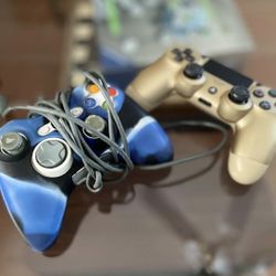 Sleek Gold Sony PS4 Dualshock 4 wireless controllers AND Solid Wired Xbox-style controller - blue/black