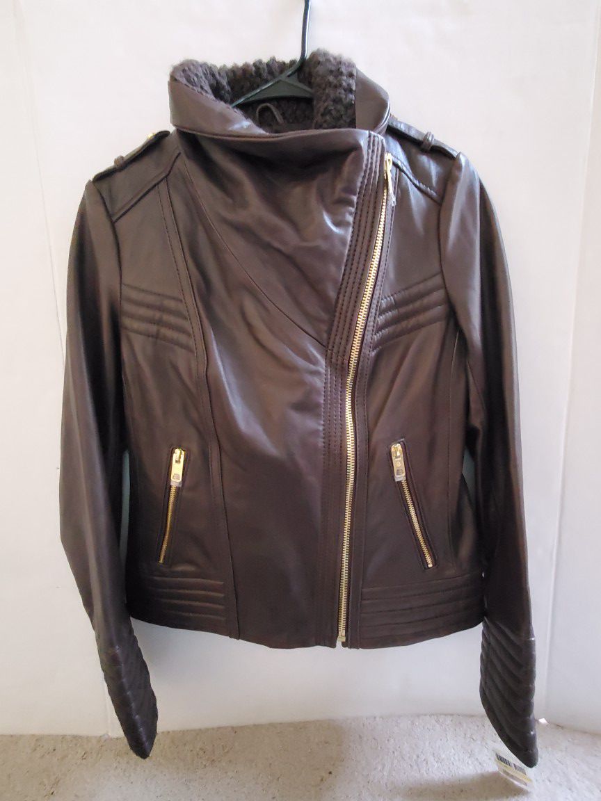 New Adult Women Michael Kors Brown Leather Jacket Size M