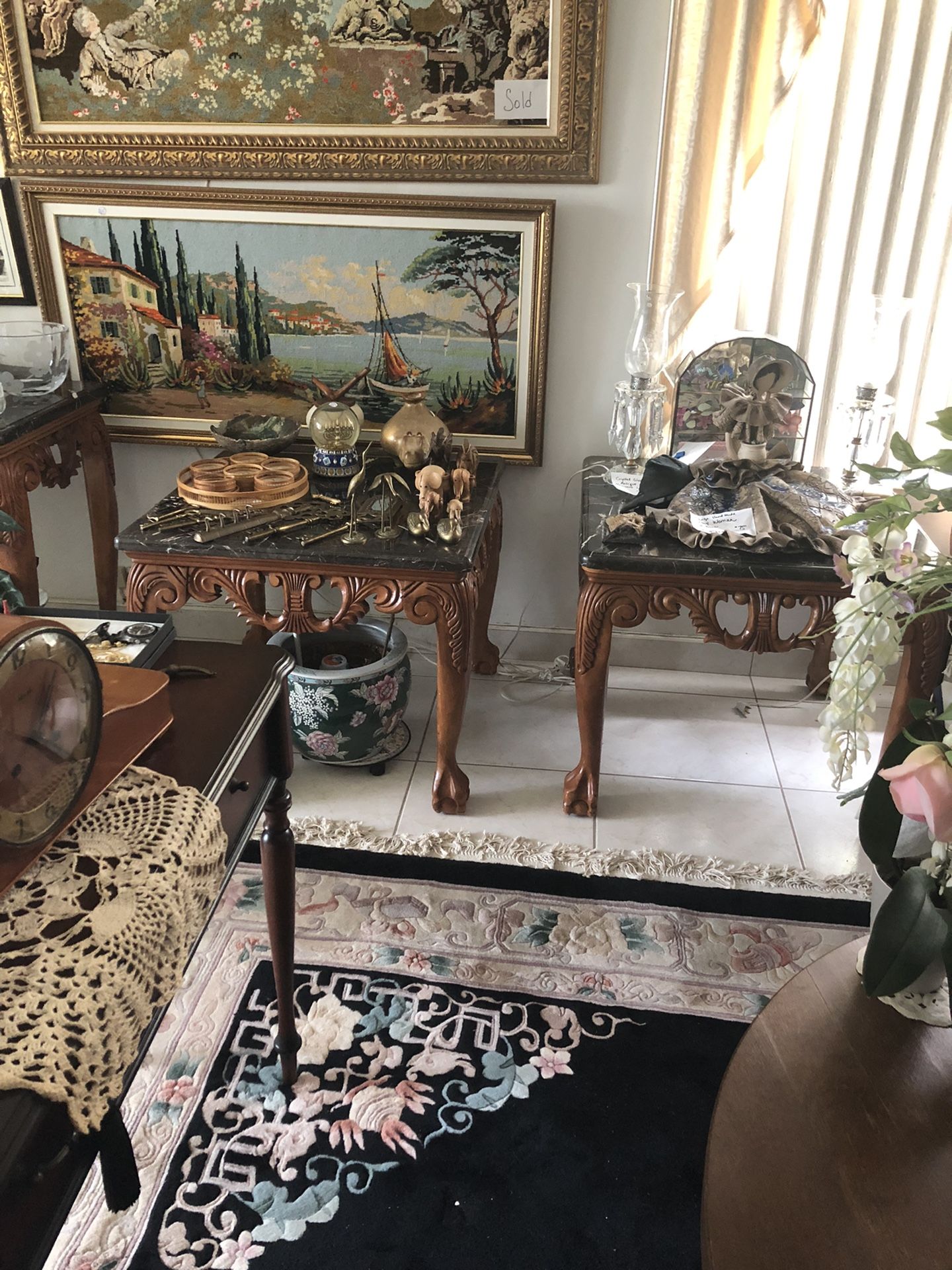 Antique Louis Philippe 2 End Tables walnut Black marble