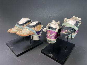 Two Pairs of Chinese Antique Embroidered Lotus Shoes(“Golden Lotus” for Foot-Binding)w/Stands