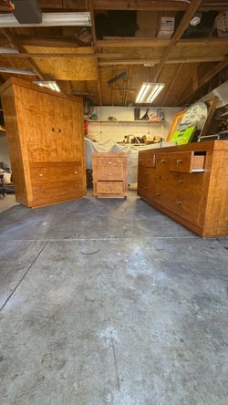 Vintage Lane MCM Burl Maple and Brass Bedroom Suite (Armoire, Dresser, and Nightstand)