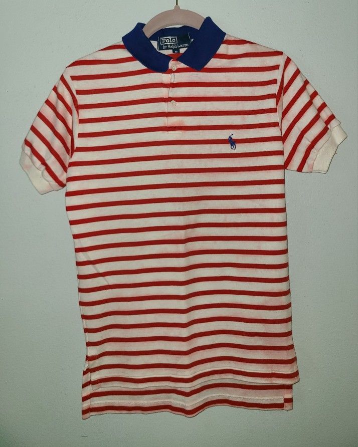 Polo Ralph Lauren Collard Shirt White Red Striped Size S 100% Cotton Classic Fit