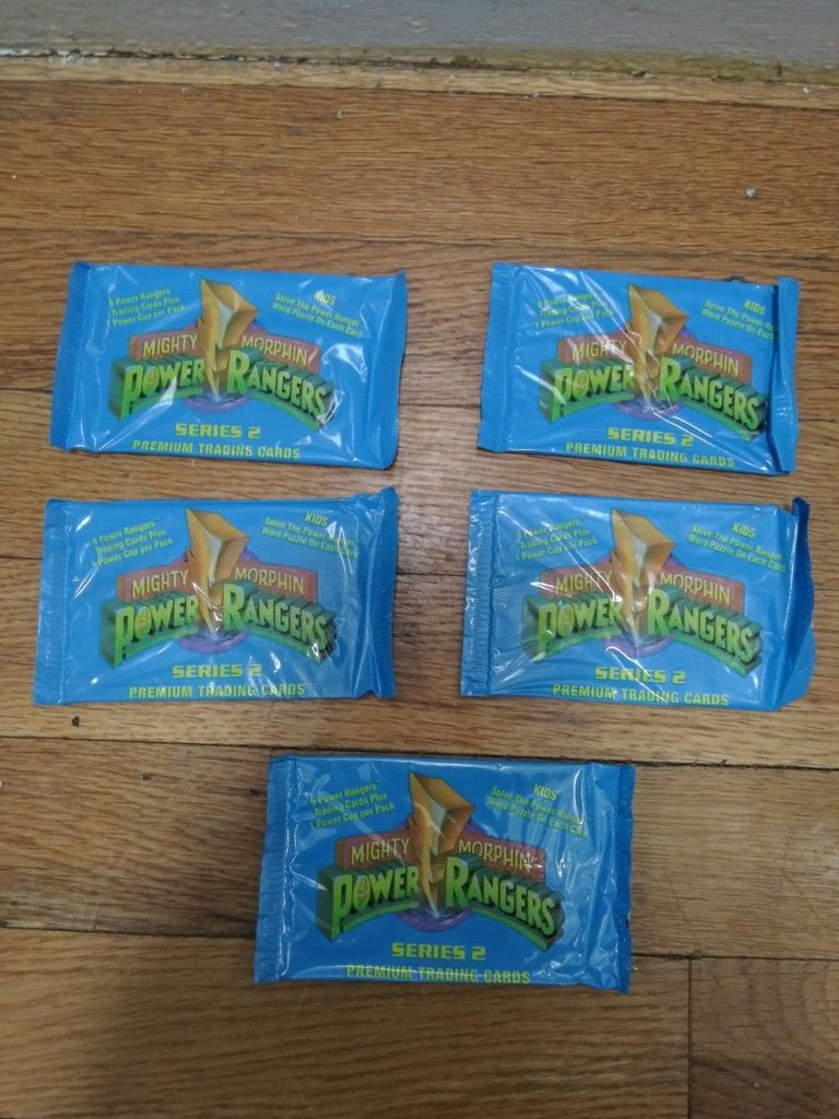 1994 Mighty Morphin Power Rangers Series 2 Trading Card Packs Also Includes A Power Cap In Each Pack Sealed 5 Packs Altogether.