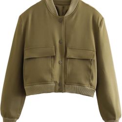 Army Green Women’s Solid Button Front Cropped Bomber Jacket, Medium *BRAND NEW*