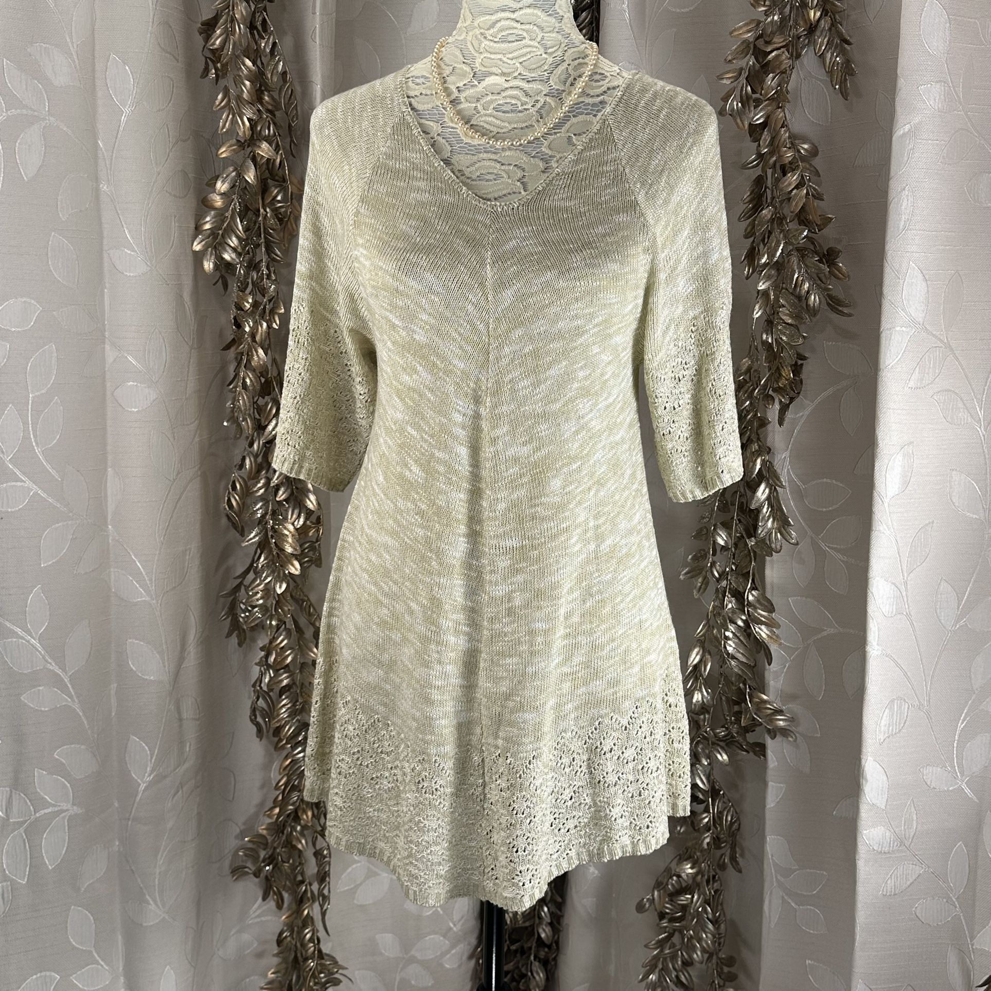 Faded Glory L (12-14) Neutral Knit Tunic Sweater Top Lace Hem Boho Chic