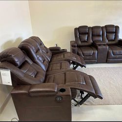 Owner's Box Brown Leather Power Reclining Sofa And Loveseat 