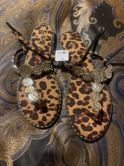 Bulo Leopard Print Flat Sandals with Gold Coins