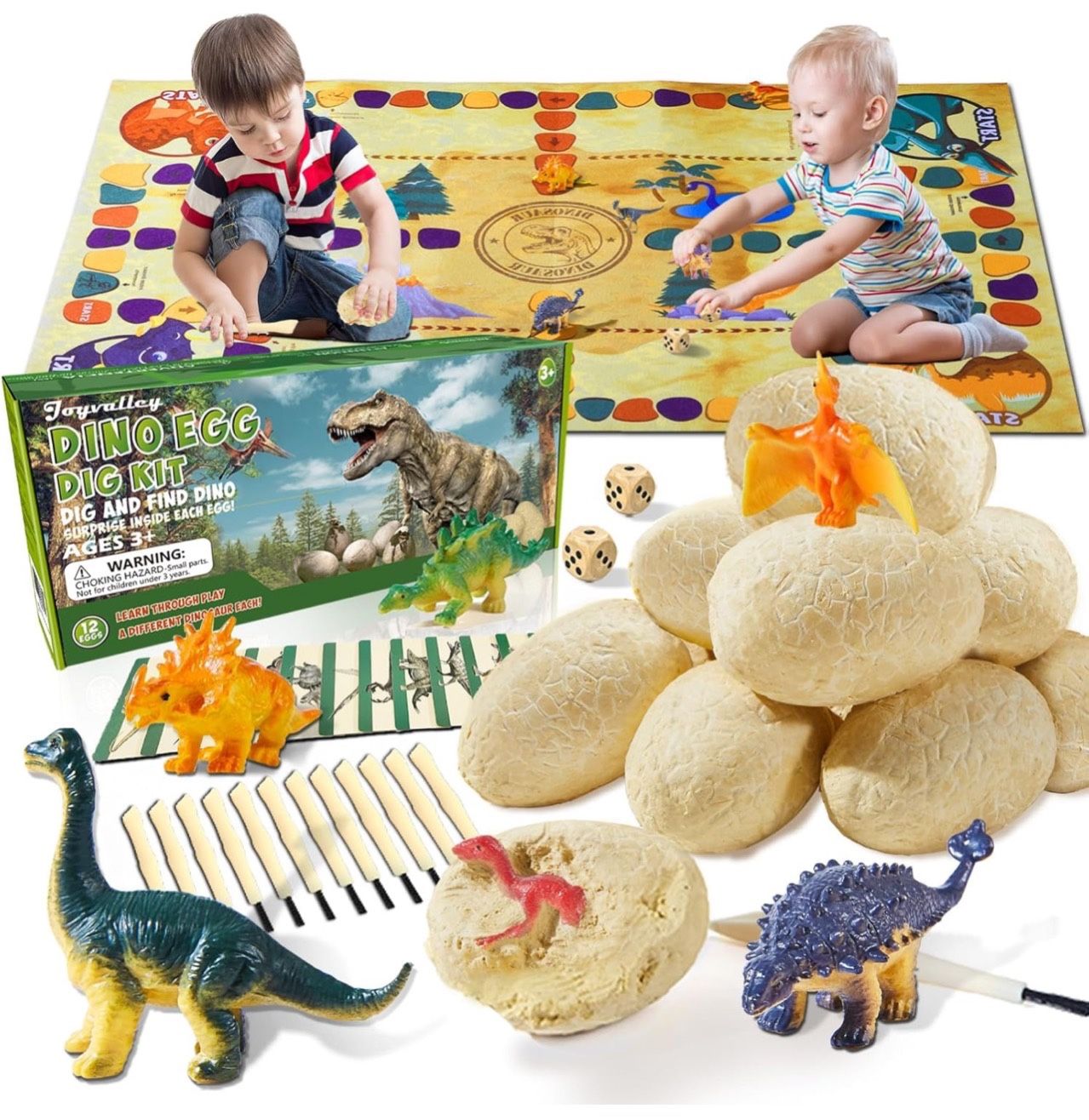 Stuffed Easter Eggs Basket Stuffers - 12 Dinosaur Toys Easter Gifts for Kids Dino Fossil Eggs Dig Excavation Kit w Play Mat Christmas Birthday Gift fo