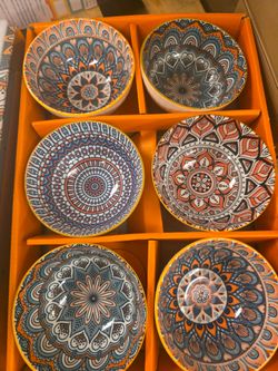 Ceramic Rice Bowls 10 oz, Bohemian Style Bowl Gift Set, Assorted Dinnerware Serving Bowls for Cereal, Soup, Dessert, Snack, Fruit, Salsa, Pack of 6 (G