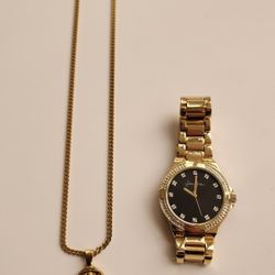 Sean John Watch And Virgin Mary Pendant Medallion With 24" Chain - All Gold Tone 