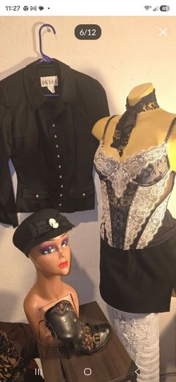 Corsett lace small$20,Black jacket rindstone buttons small $20hat $6.00 long black jacket small $20.