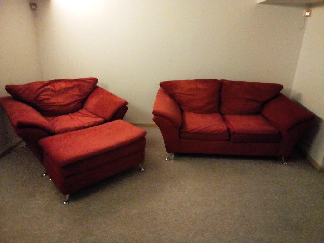 Red Couch, Chair And Ottoman