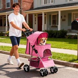 Pink Pet Stroller with Canopy and Four Wheels