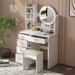 Makeup Vanity Set Dresser Desk with 5 Drawer and Shelf Round Mirror with Touch Screen and Light Vanity Set with Cushioned Stool for Bedroom