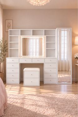 LED White Vanity Set with Lighted Mirror and Stool