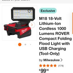 M18 Volt Lithium Ion Cordless 1000 Lumens Flood Light With USB Charging Tool 