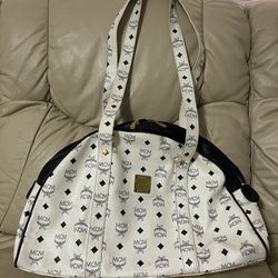 MCM Vicetos Logogram Shoulder Bag PVC Leather White Gold Auth R0038