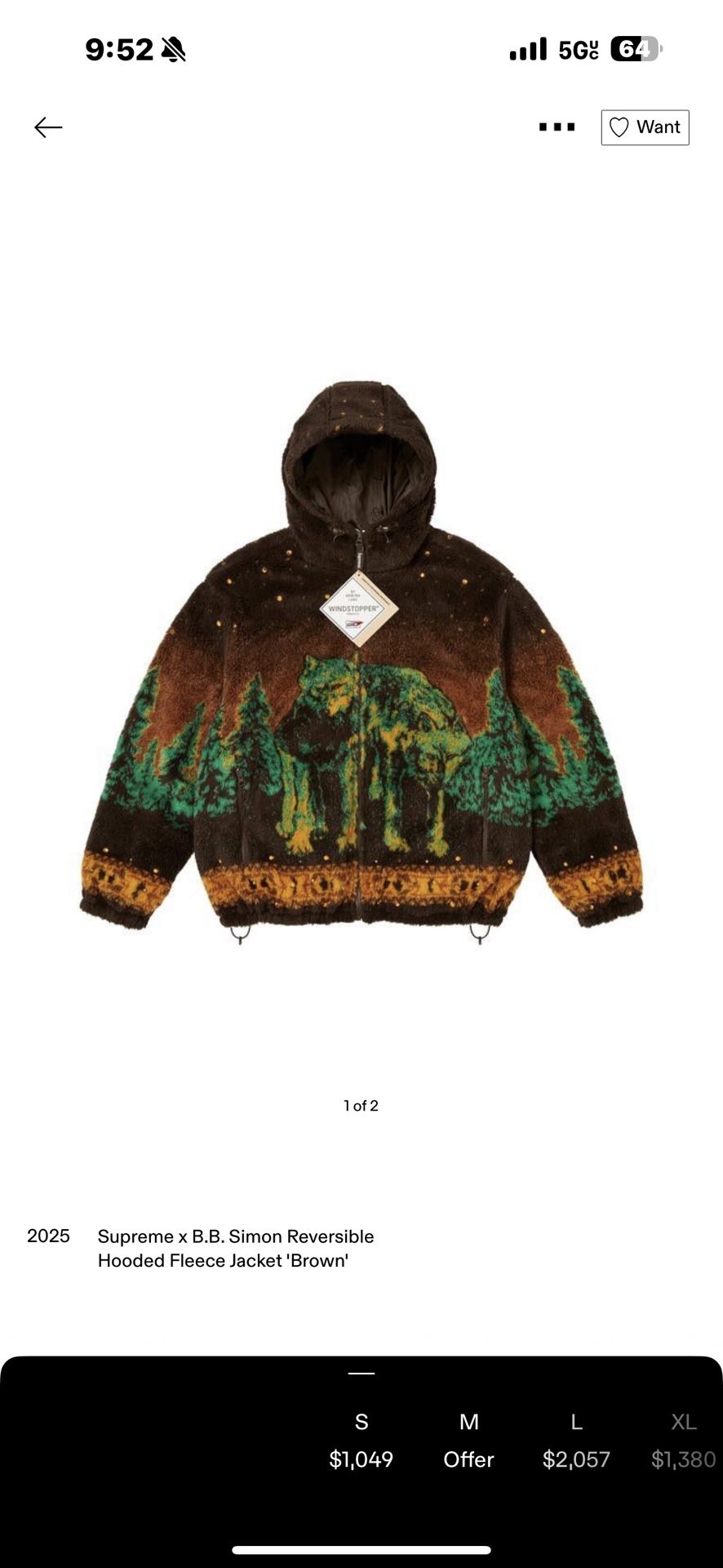 Size S Brown Supreme X B.B Simon Wolf Fleece