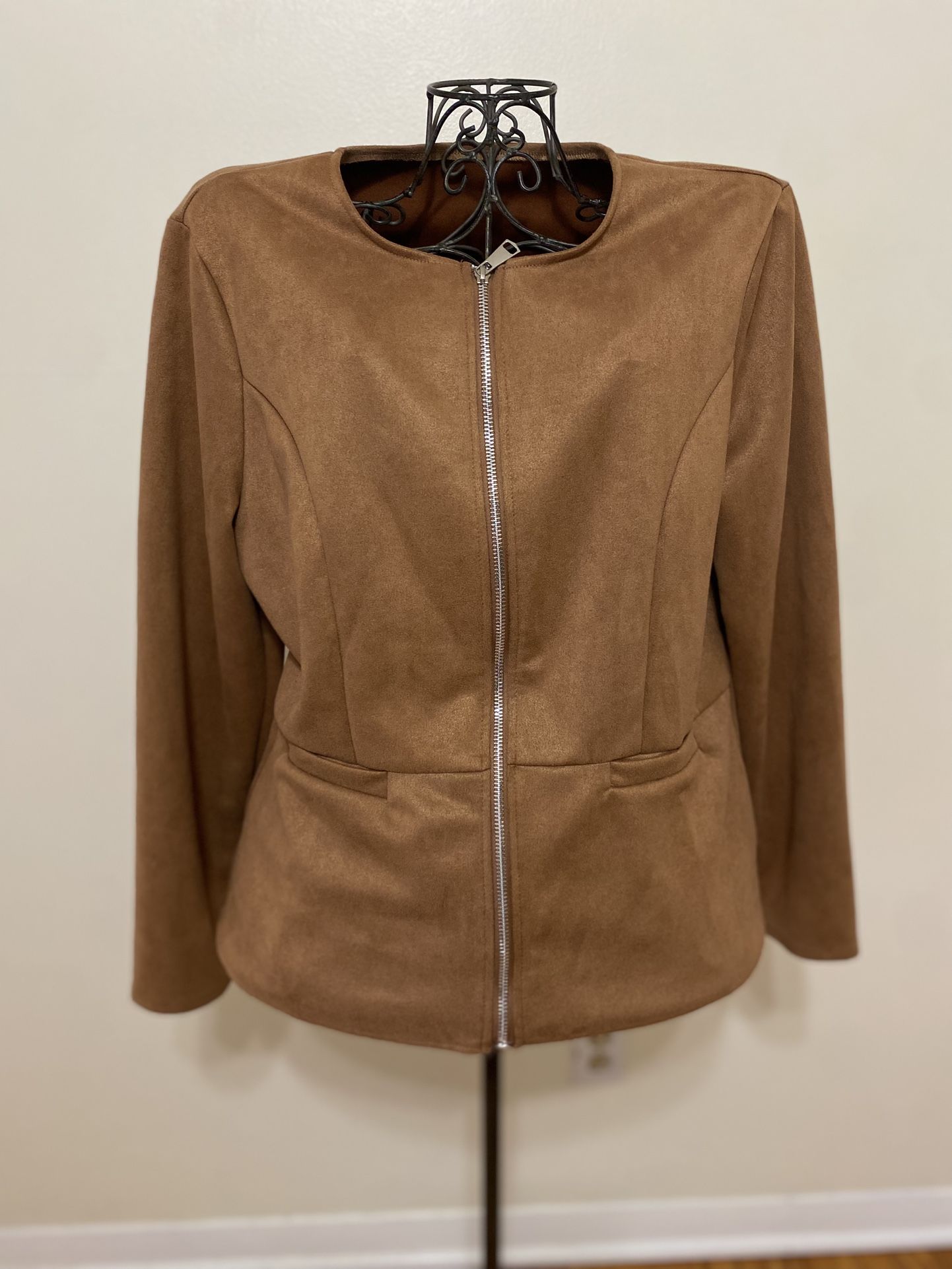 brown, zip-up cardigan