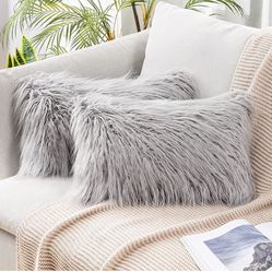 Pack of 2 Decorative Throw Pillow Covers Faux Fur Fluffy New Luxury Series Style Cases Lumbar  12 x 20 Light Grey