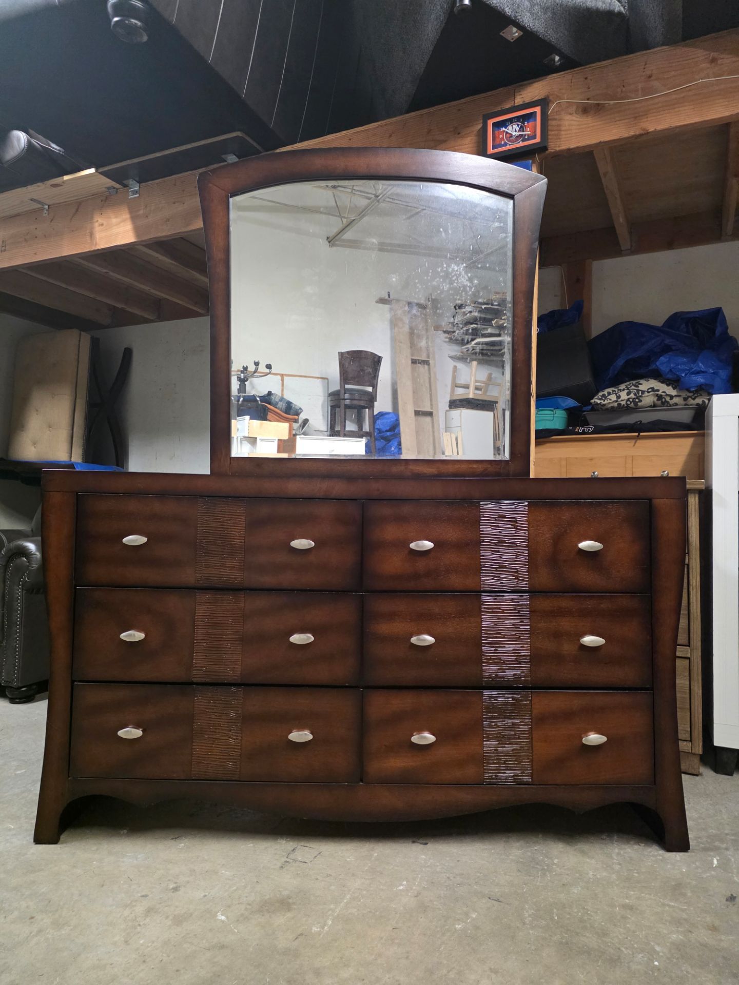 Modern Dark Cherry 6 Drawer Dresser with Mirror