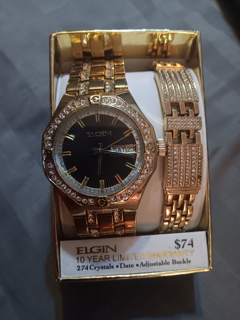 Elgin 274 Crystal Adult Men Gold Watch w/ Bracelet