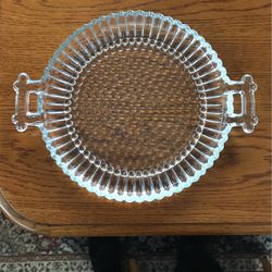 Vintage Crystal Handled Serving Platter 8" Hobnail Design w/Scalloped Edge