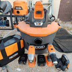 3 PIECE RIDGID TOOL KIT, 2 4ah BATTERIES, 1 CHARGER 