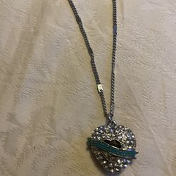 Silver Teal Inspired Necklace With Rhinestones And Tiffany Blue Banner Vintage