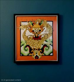 Framed Needlepoint Dragon Design Finished Piece Wall Art Decor 14"×14"