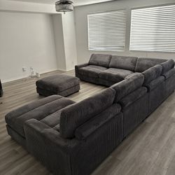 Modular Sectional 7 Pc  New Sectional  Color Gray Wide-welt Corduroy  Sofa Armless Chaise  and ottoman Sectional xl 🔥 Seccional De 7 Piezas Xl Nuevo 