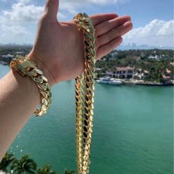 Set Chain & Bracelet 20mm Miami Cuban Link Yellow Gold Plated Chain Necklace 18k & 14k Crab Old School Regular Lock