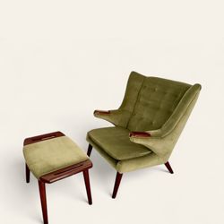 Mid-Century Modern Hans Wegner Style Papa Bear Chair & Ottoman in Velvet Green