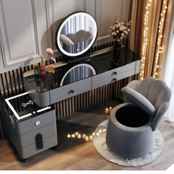 Vanity Makeup With Mirror, Led Lights, Speakers And A Charger Station 