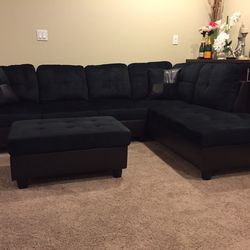 Black Microfiber Sectional Couch And Ottoman
