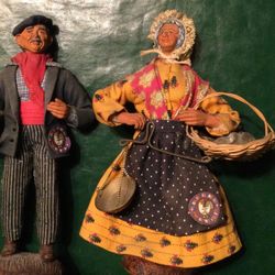 Vintage Metal European Dolls, Man And Woman With Fish Basket 10 “ Tall