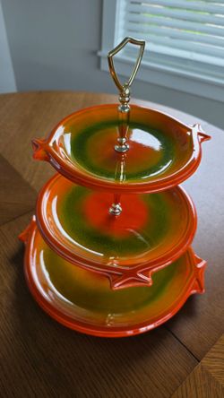 Three tired server tray orange gold hardware ceramic 60s 70s retro CALIFORNIA USA