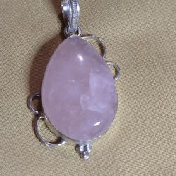 GENUINE ROSE QUARTZ (TEAR-DROP) SIZE: 1-1/2" LONG X 1" WIDE X 1/4" DEEP. STERLING SILVER CHAIN. SIZE. (16" -30") Your Choices. 