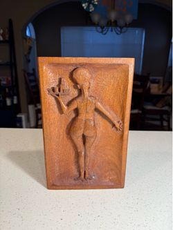 Vintage Hand Carved Wood Hostess Wall Plaque Mid Century Modern Bar Tavern Art