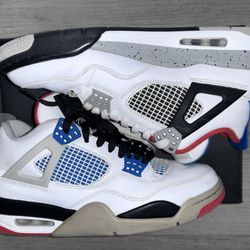 AIR JORDAN RETRO What The 4s  |  WHITE/ MILITARY BLUE-FIRE RED   |    SIZE US 10