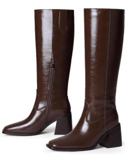 SIZE 8.5 Adolilove Women Knee High Boots Low Chunky Block Heel Square Toe Faux Leather Fall Long Tall Dress Boot with Side Zipper