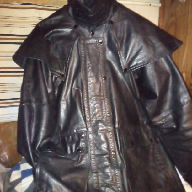Long Heavy Leather Jacket Black Medium Size 