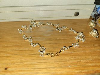 Vintage Gold-Tone Seed Pearl Cluster and Geometric Link Chain Necklace
