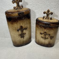 Beautiful Brown/Cream Ceramic Fleur de Lis Jar Set w/ Lids “French Country Style” New Orleans 