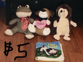 Plush animal toys and book - frog, dog, hedgehog and poky little puppy book