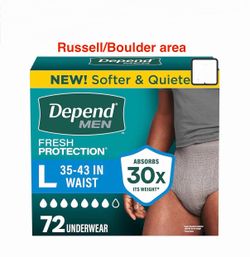 Depend Fresh Protection Adult Diapers, large, 72ct. Russell/Boulder area