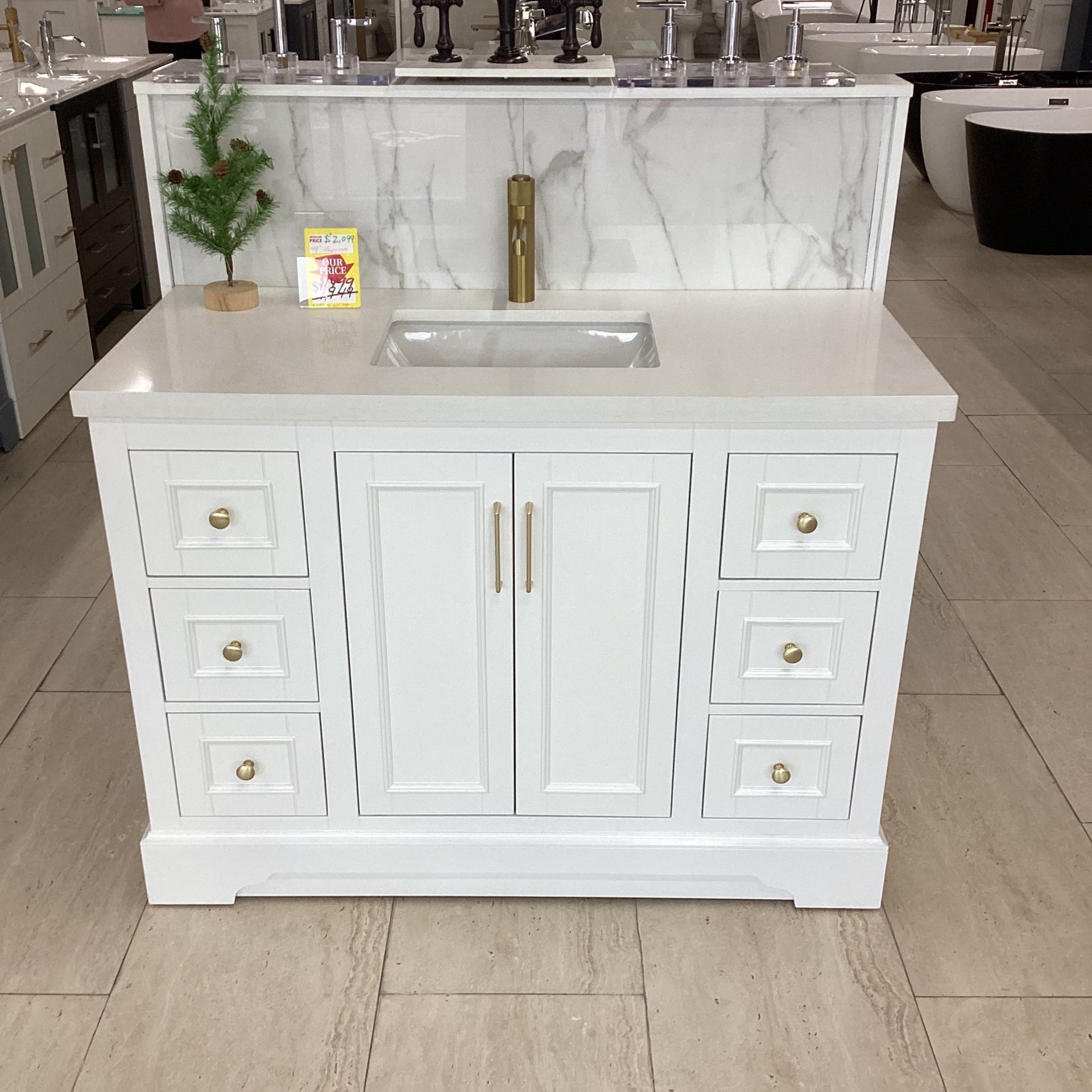 48” White Bathroom Vanity Quartz Countertop Ceramic Sink Solid