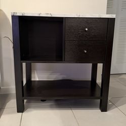 Bar Desk Counter With Drawers, Dark Brown And White Marble Surface